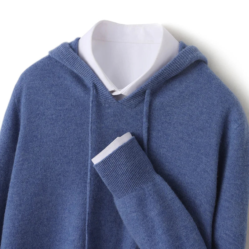 Fall/Winter 100% Pure Wool Men's Hooded Loose Thick Sweater Fashion Long Sleeve Casual Knit Top