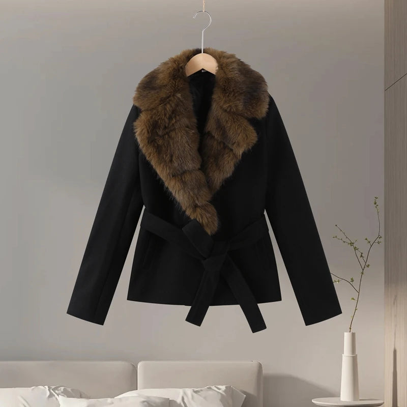 Elegant Shawl Faux Fur Women Coat Lace Up Full Sleeve Belted Waist Lapel Woolen Female Jacket 2025 Autumn Winter Lady Outwears