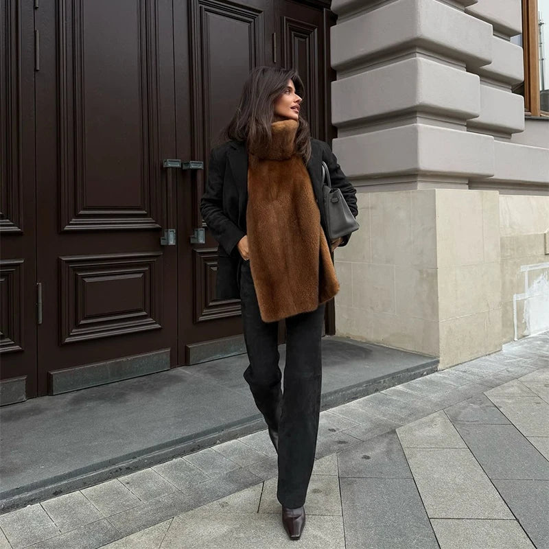 Elegant Shawl Faux Fur Women Coat Lace Up Full Sleeve Belted Waist Lapel Woolen Female Jacket 2025 Autumn Winter Lady Outwears