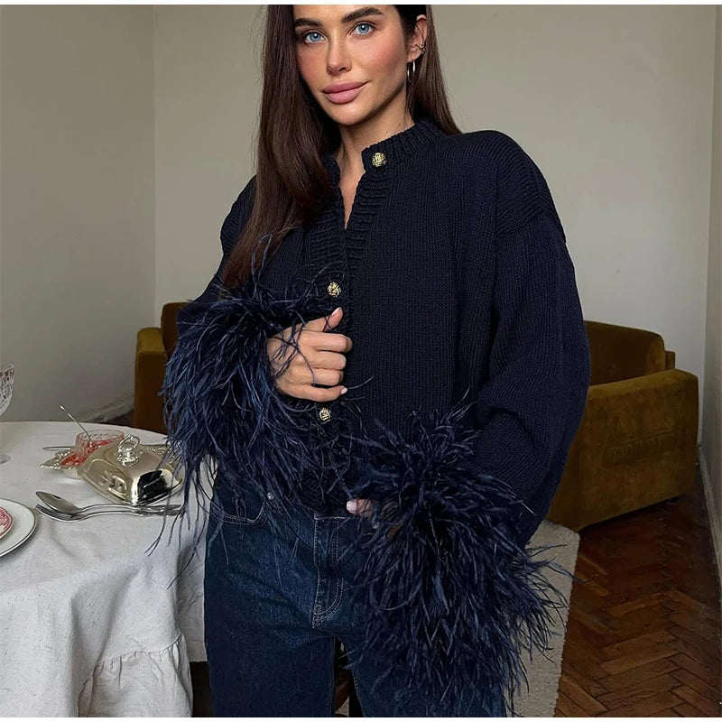 Feather Patchwork Knitted Cardigan Women Chic O-neck Long Sleeve Single-breasted Short Sweater 2025 Lady High Street Knitwear 