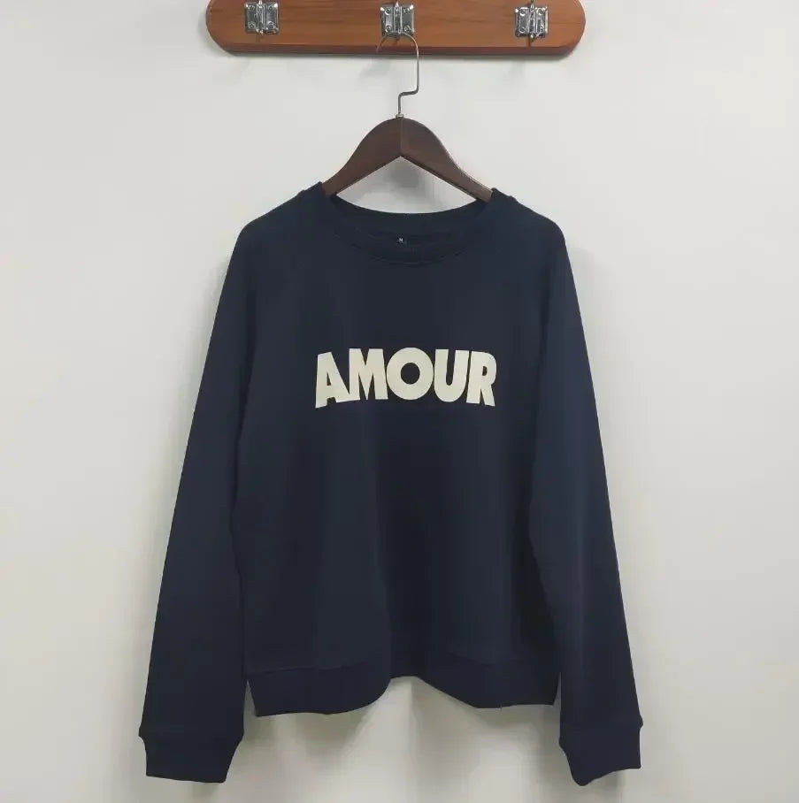 Women Early Spring New Retro Letter Love Print Loose Pullover Sweatshirt Long-sleeved Terry Sweatshirt