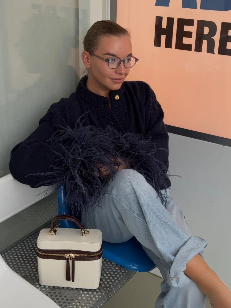Feather Patchwork Knitted Cardigan Women Chic O-neck Long Sleeve Single-breasted Short Sweater 2025 Lady High Street Knitwear 