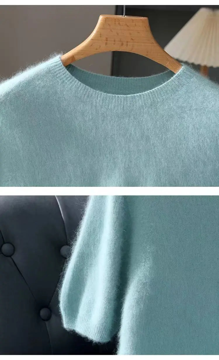 100% Mink Cashmere Knit Sweater Men's T-Shirt Spring Summer Loose O-Neck Solid Color Casual Business Base Pullover Short Sleeve