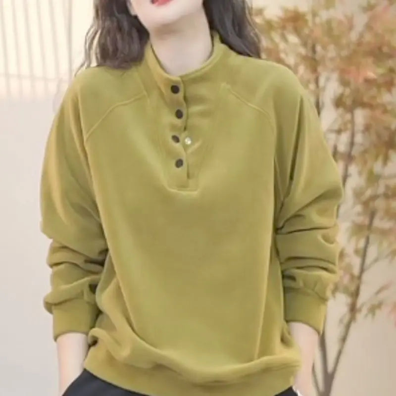 No Hat Hoodies Women Autumn College Basic Solid Casual All-match Stand Collar Button Trendy High Street Korean Style Mujer Cozy
