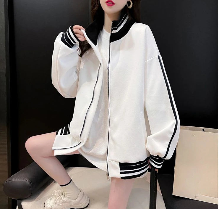 Female Clothes Black Sweatshirts for Women Full Zip Up Tops with Zipper Coat Striped Y2k Hoodie 2000s Long Sleeve Style Matching