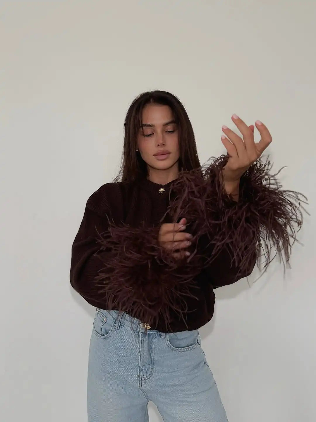 Feather Patchwork Knitted Cardigan Women Chic O-neck Long Sleeve Single-breasted Short Sweater 2025 Lady High Street Knitwear 