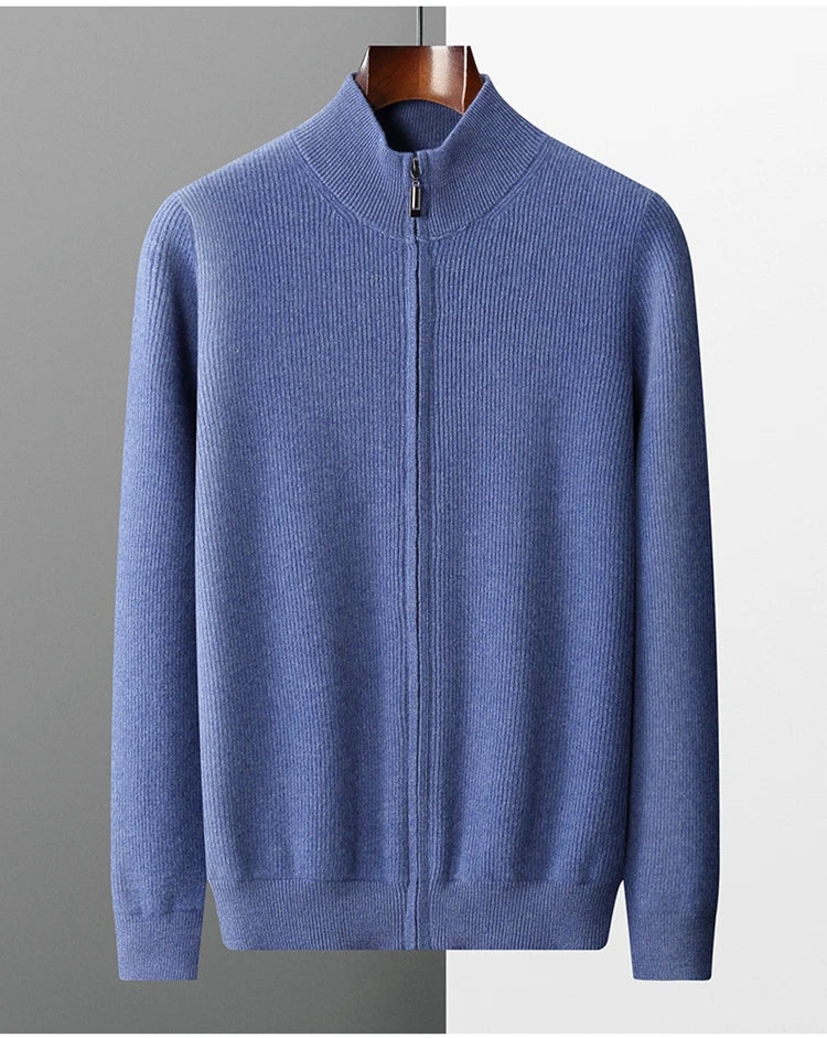 LHZSYY Men's Cashmere Knit Cardigan Middle-Aged Stand-up Collar Zip-up Coat 100%Pure Wool Autumn Winter Thick Sweater Men Jacket
