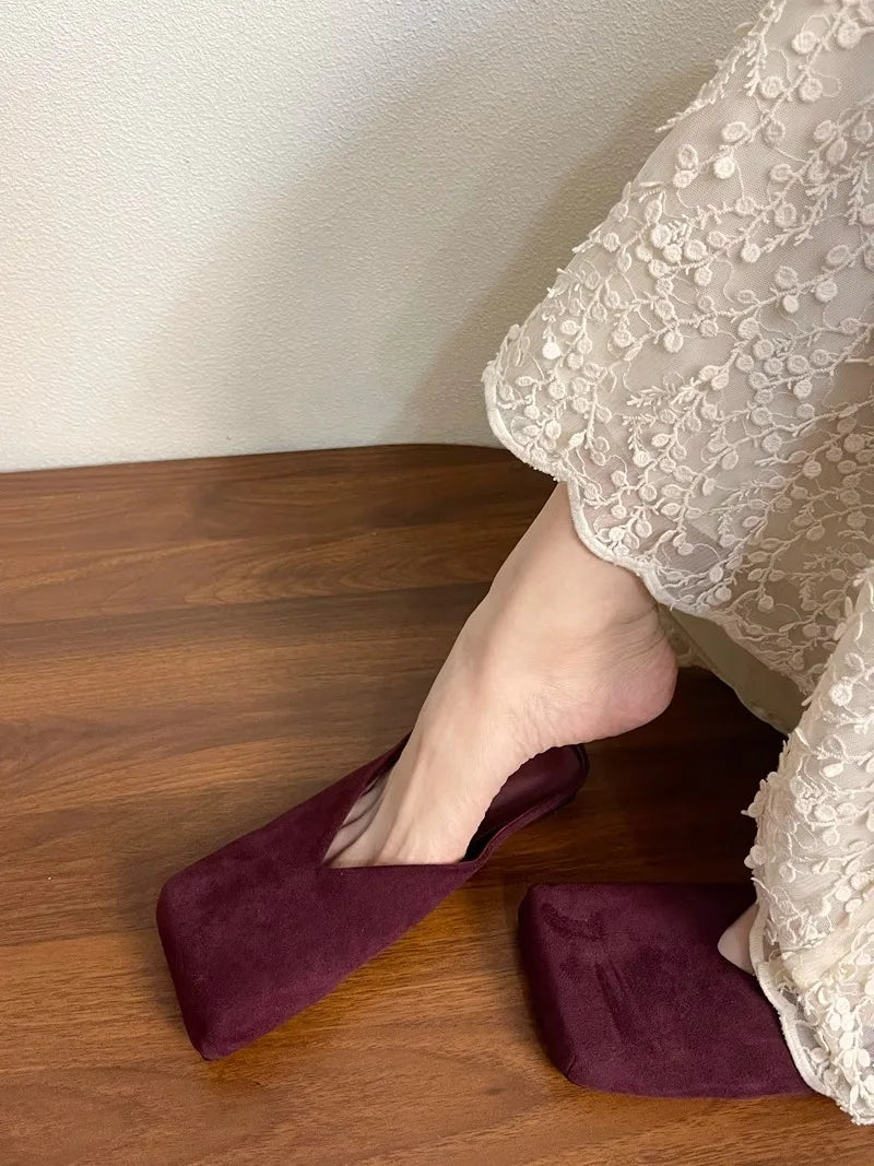Suede Flats Women Cotton Slippers Square Toe Fashion Mules Shoes Casual Slingback Women's Winter Boots Trend Mujer Zapatos