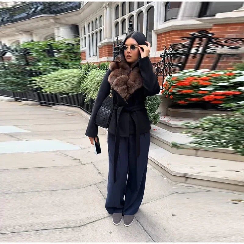 Elegant Shawl Faux Fur Women Coat Lace Up Full Sleeve Belted Waist Lapel Woolen Female Jacket 2025 Autumn Winter Lady Outwears