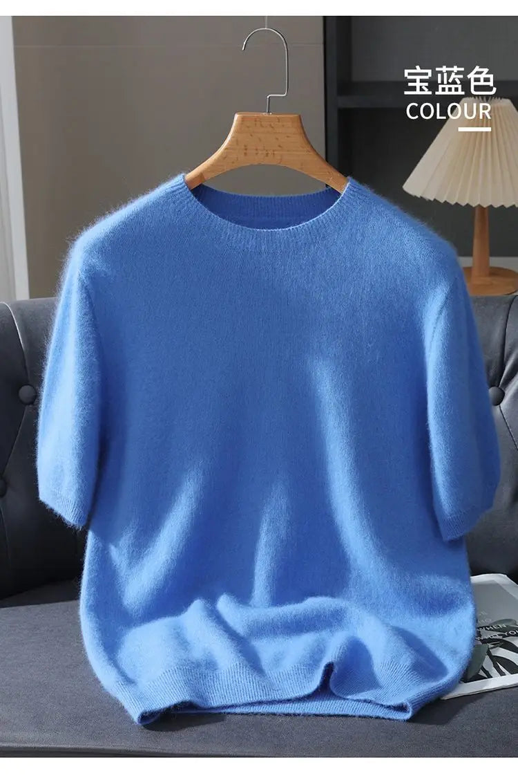 100% Mink Cashmere Knit Sweater Men's T-Shirt Spring Summer Loose O-Neck Solid Color Casual Business Base Pullover Short Sleeve