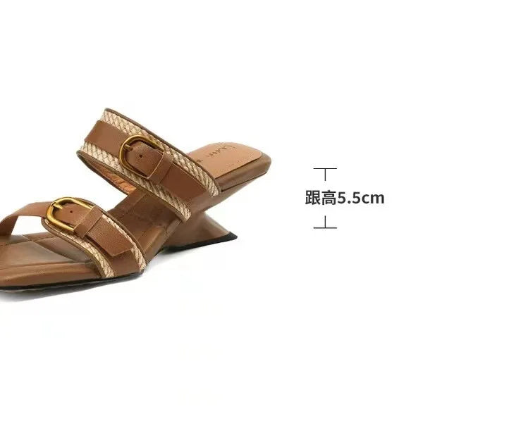Vintage Braided Belt Buckle Open Toe Wedges Women's Summer New Square-toed High-heeled Slippers