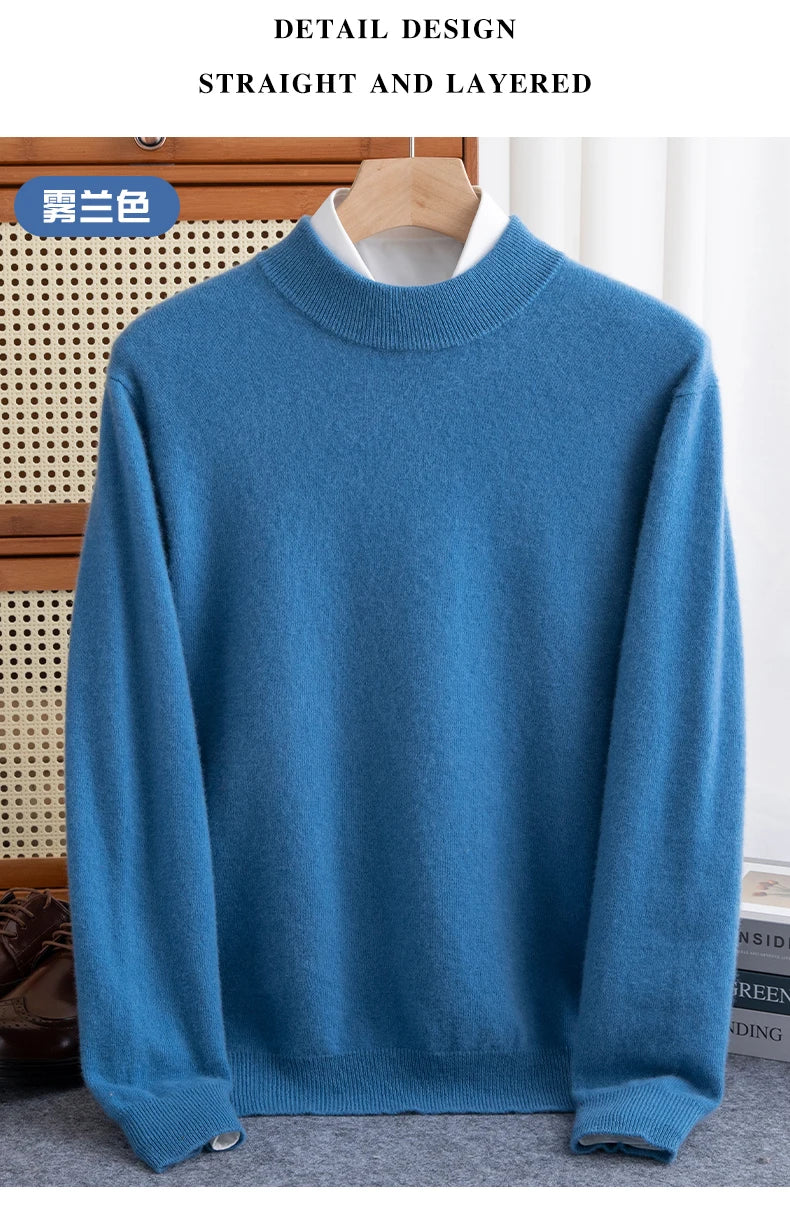 New Fashion Men's 100% Wool Pullover Half-high Collar Sweater Autumn Winter Warm Solid Color Knit Sweater Business Casual Top