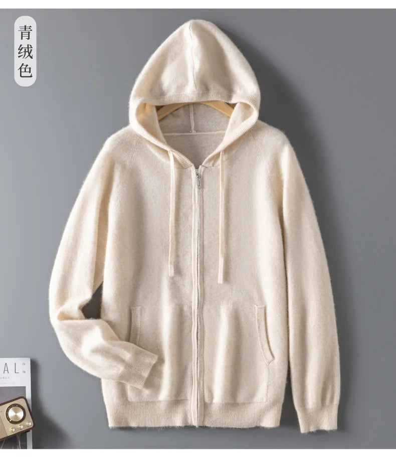 DjzDsm Autumn and Winter100% Merino Wool Men's Knitted Top Zipper Hoodie Zipper Cardigan Knitted Coat Sweater Hoodie
