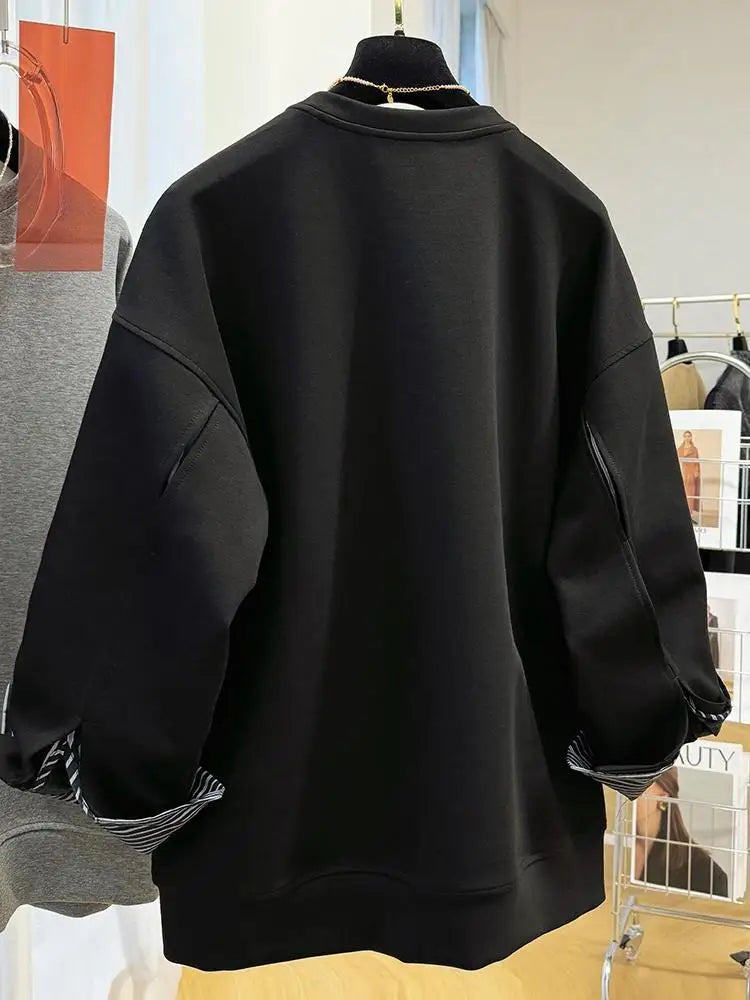 Autumn and Winter Women's Pullover Round Neck Hoodie Lazy Style Splicing Design Fake Two Piece Loose Long Sleeve Tops