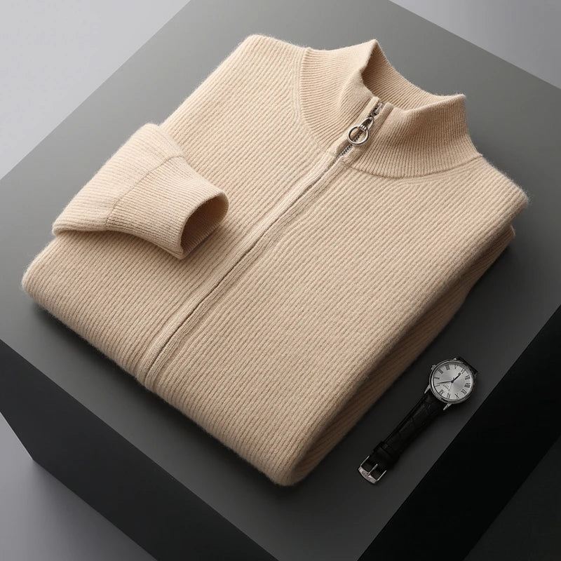 LHZSYY Men's Cashmere Knit Cardigan Middle-Aged Stand-up Collar Zip-up Coat 100%Pure Wool Autumn Winter Thick Sweater Men Jacket