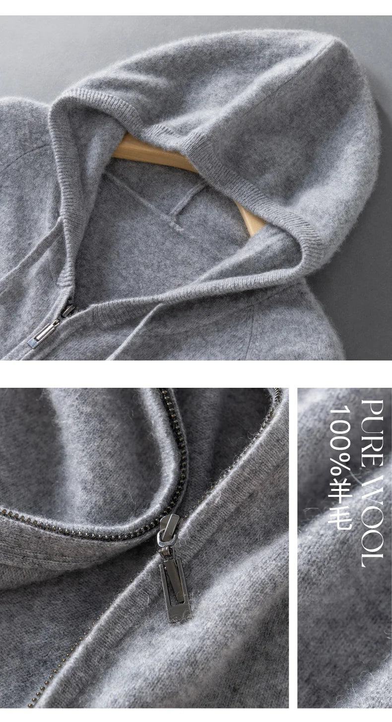 DjzDsm Autumn and Winter100% Merino Wool Men's Knitted Top Zipper Hoodie Zipper Cardigan Knitted Coat Sweater Hoodie