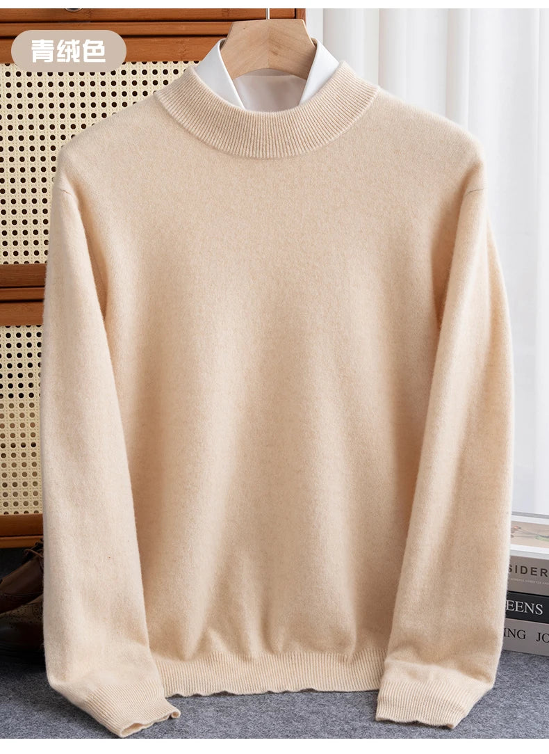 New Fashion Men's 100% Wool Pullover Half-high Collar Sweater Autumn Winter Warm Solid Color Knit Sweater Business Casual Top