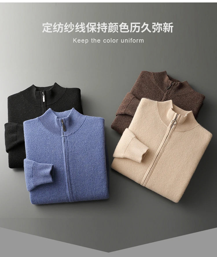 LHZSYY Men's Cashmere Knit Cardigan Middle-Aged Stand-up Collar Zip-up Coat 100%Pure Wool Autumn Winter Thick Sweater Men Jacket