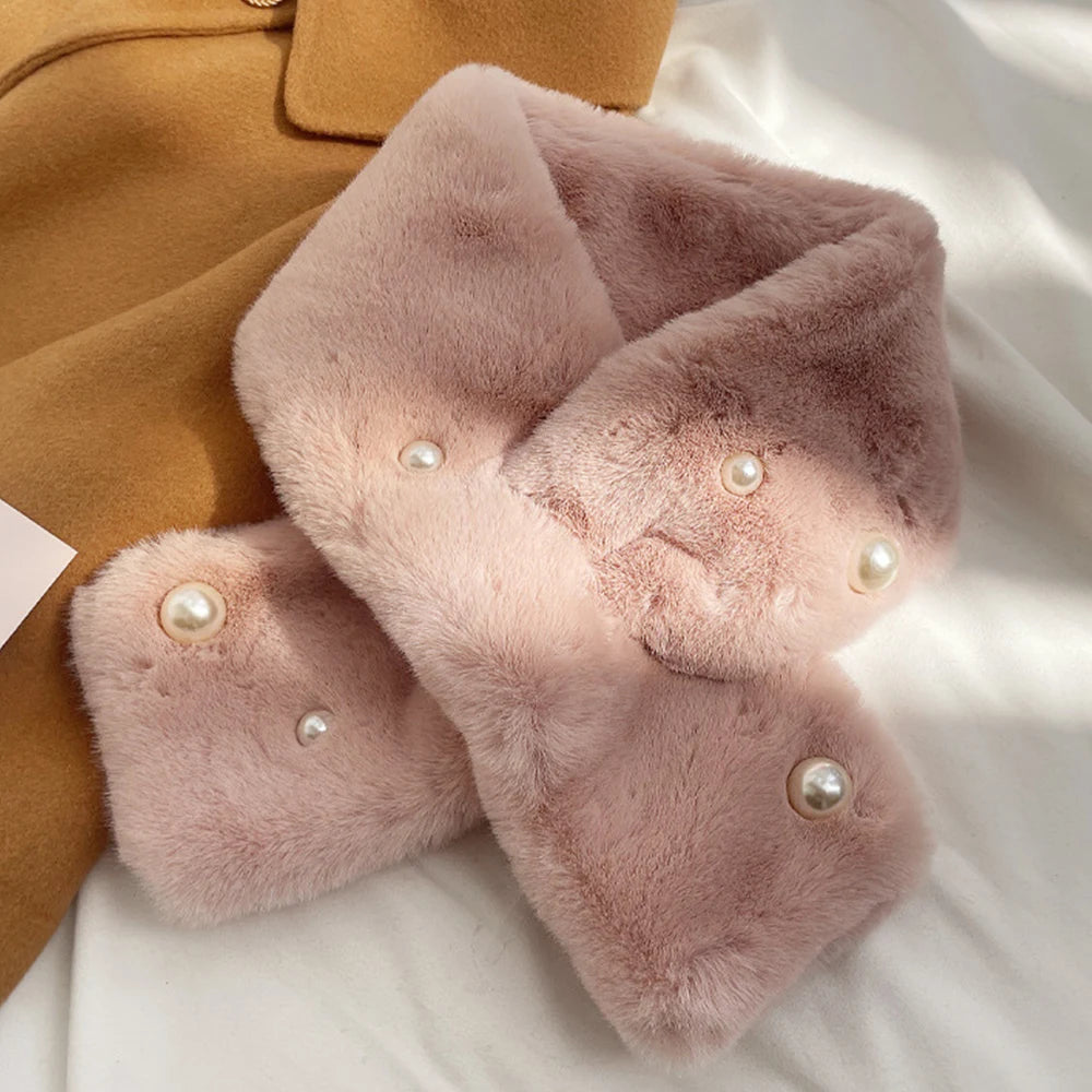 Women Winter Warm Thicken Cross Collar Scarf Solid Color Faux Rabbit Fur Cold Proof Scarves Fashion Soft Furry Neck Warmer