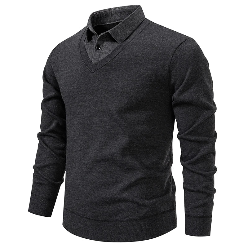 Autumn Winter Men's Fake Two-Piece Knitted Pullovers Fashion Slim Fit Turn Down Collar Knit Sweater Men Fleece Warm Pullovers