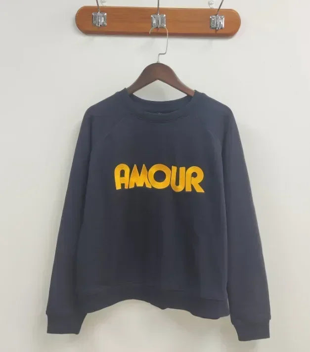 Women Early Spring New Retro Letter Love Print Loose Pullover Sweatshirt Long-sleeved Terry Sweatshirt