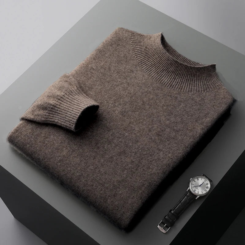 New Men's 100% Merino Wool Mock Neck Pullover Soft Warm Jumpers Quality Cashmere Sweater Casual Smart Knitwear Basic Tops Clothi