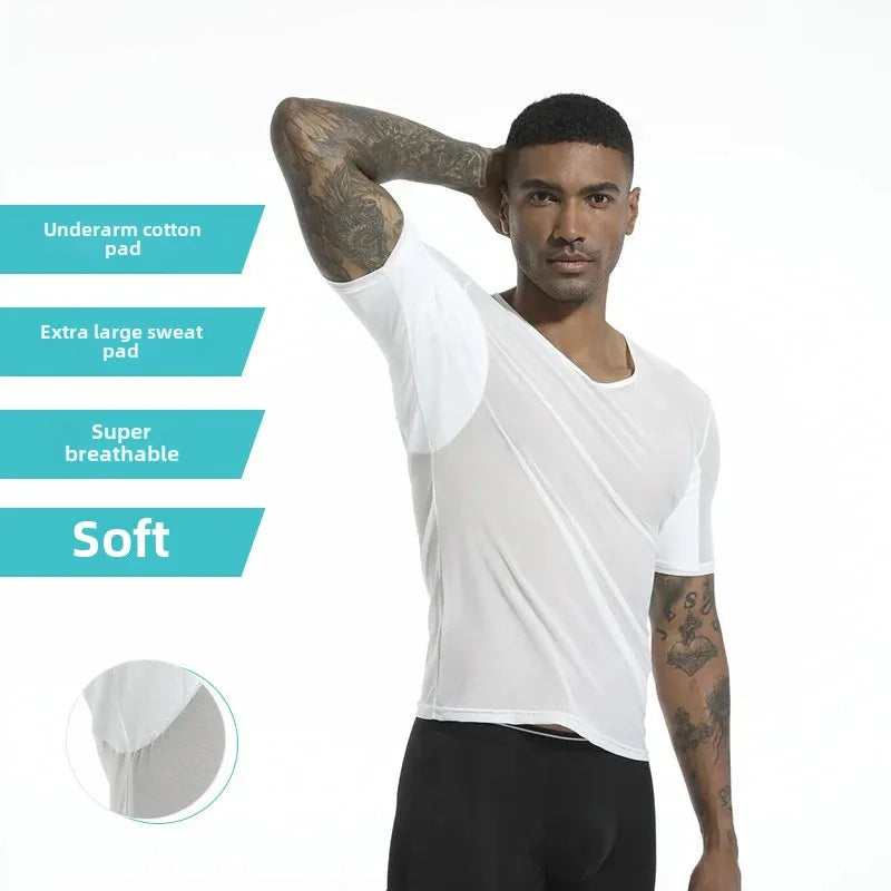 Men's Mesh Vest with Sweat Absorbent Pad Short Sleeve Sweatshirt Breathable Underarm Moisture Wicking Comfortable Innerwear