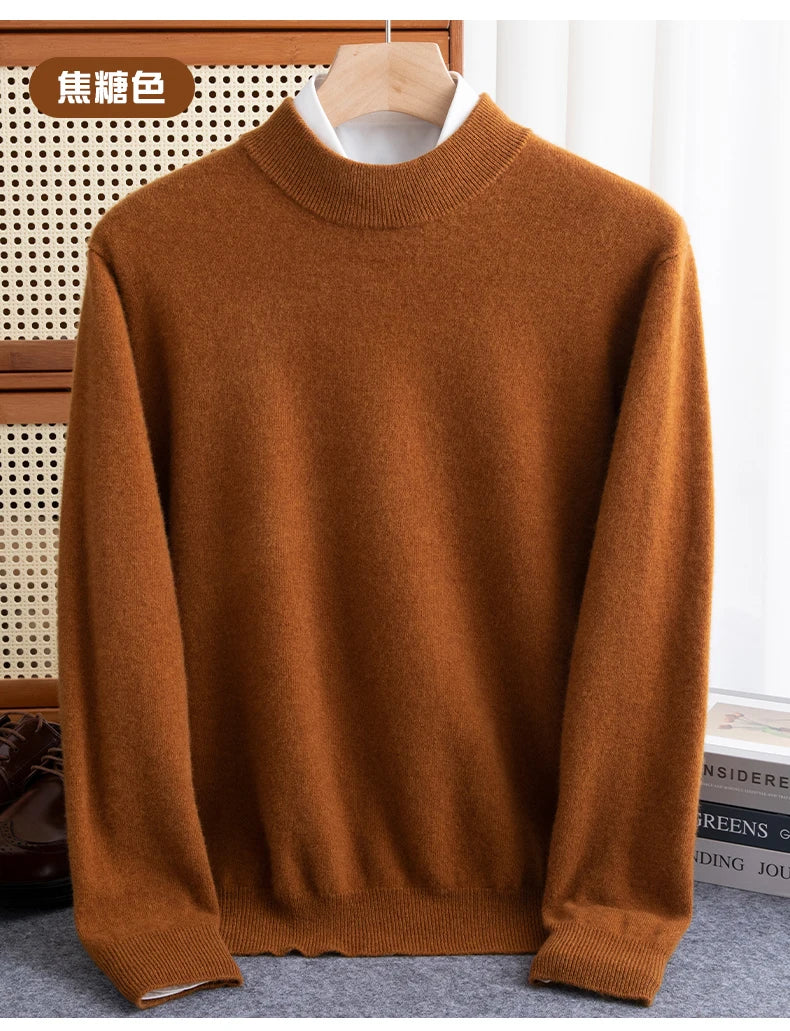 New Fashion Men's 100% Wool Pullover Half-high Collar Sweater Autumn Winter Warm Solid Color Knit Sweater Business Casual Top
