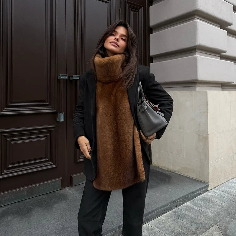 Elegant Shawl Faux Fur Women Coat Lace Up Full Sleeve Belted Waist Lapel Woolen Female Jacket 2025 Autumn Winter Lady Outwears