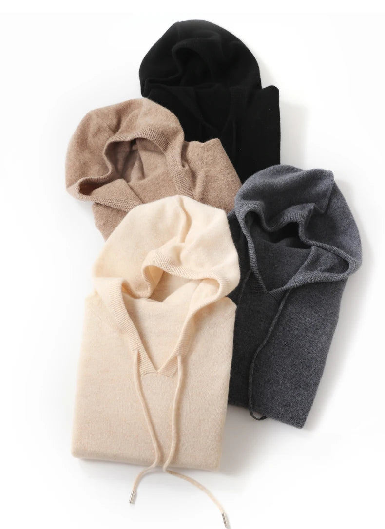 Fall/Winter 100% Pure Wool Men's Hooded Loose Thick Sweater Fashion Long Sleeve Casual Knit Top