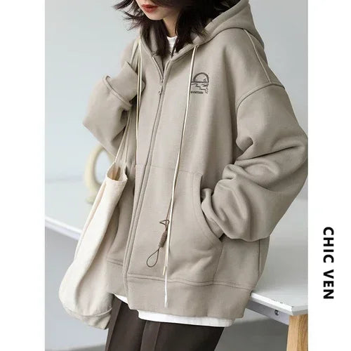 CHICVEN Women Sweatshirt Thick Warm Loose Long Sleeve Woman Hooded Coat Cotton Liner Thicken Female Autumn Winter 2022