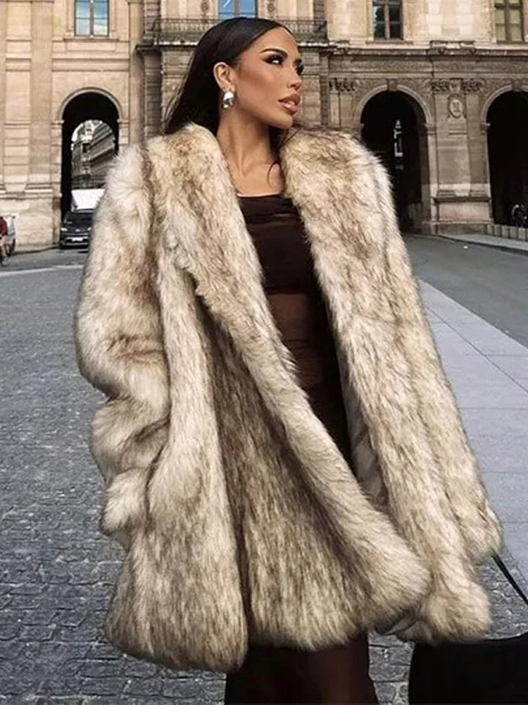 Winter Lady Luxurious Lapel Faux Fur Coats Fashion High Street Long Sleeve Oversize Cardigan Jacket Thick Warm Female Outerwear
