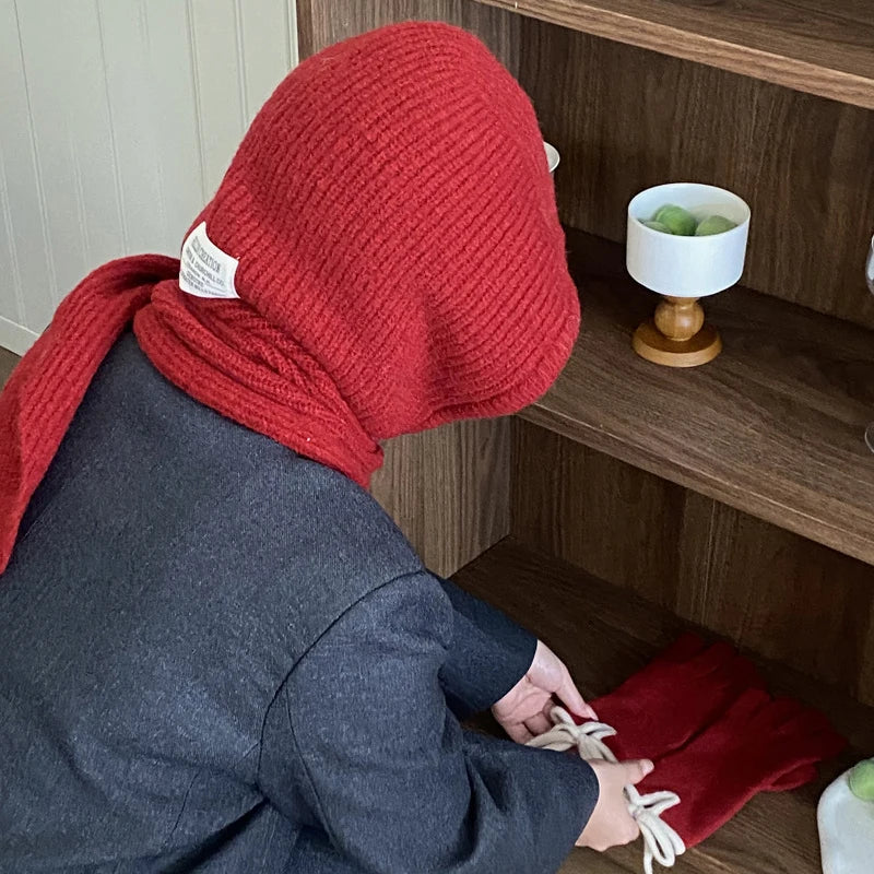 Winter Y2K Wool Knitted Balaclava Hat Fashion Fake Collar Shawl Hooded Hat Outdoor Pullover One-piece Neck Collar Warm Beanies