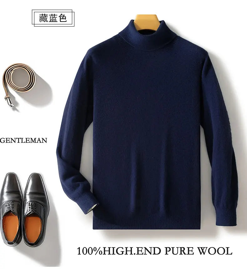 Fall/Winter 12-Needle Flat Lapel 100% Pure Wool Men's Long Sleeve Pullover Knitted Bottoming Shirt Inside