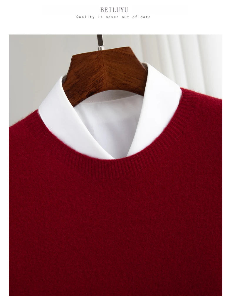 Autumn And Winter 100% Pure Wool Men's Thick Round Neck Slim-Fit  O-neck Pullover Long-Sleeved Knitted Cashmere Sweater