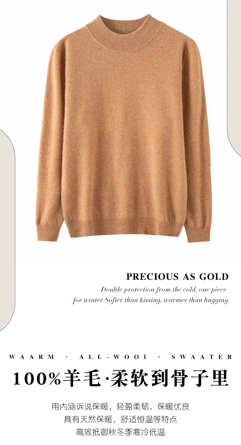 New Fashion Men's 100% Wool Pullover Half-high Collar Sweater Autumn Winter Warm Solid Color Knit Sweater Business Casual Top