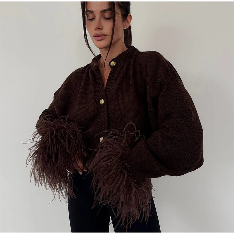 Feather Patchwork Knitted Cardigan Women Chic O-neck Long Sleeve Single-breasted Short Sweater 2025 Lady High Street Knitwear 