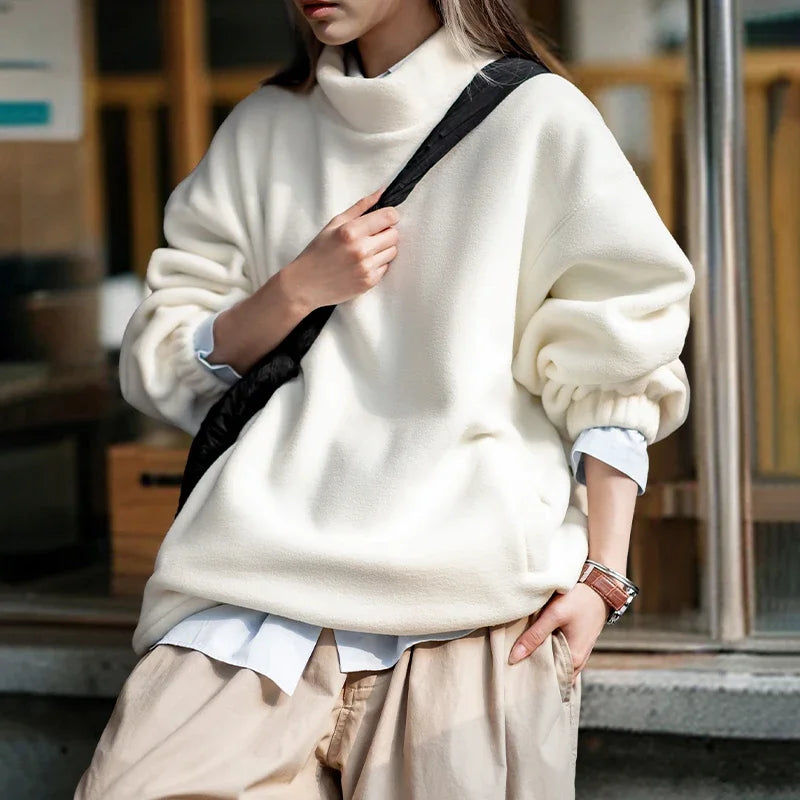 Maden Women’s Fleece Sweatshirt 370gsm Stand Collar Oversized Loose Pullover Unisex Thick Warm Autumn Winter Basic Sweatshirt