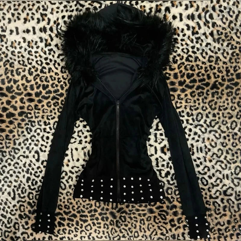 Y2K Aesthetic Women's Autumn Winter Fur Collar Sweatshirt Harajuku Gothic Punk Rock Hottie Sweatshirt Jacket Emo Girl Streetwear