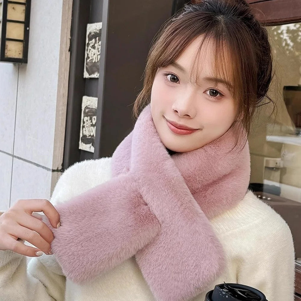 Women Winter Warm Thicken Cross Collar Scarf Solid Color Faux Rabbit Fur Cold Proof Scarves Fashion Soft Furry Neck Warmer