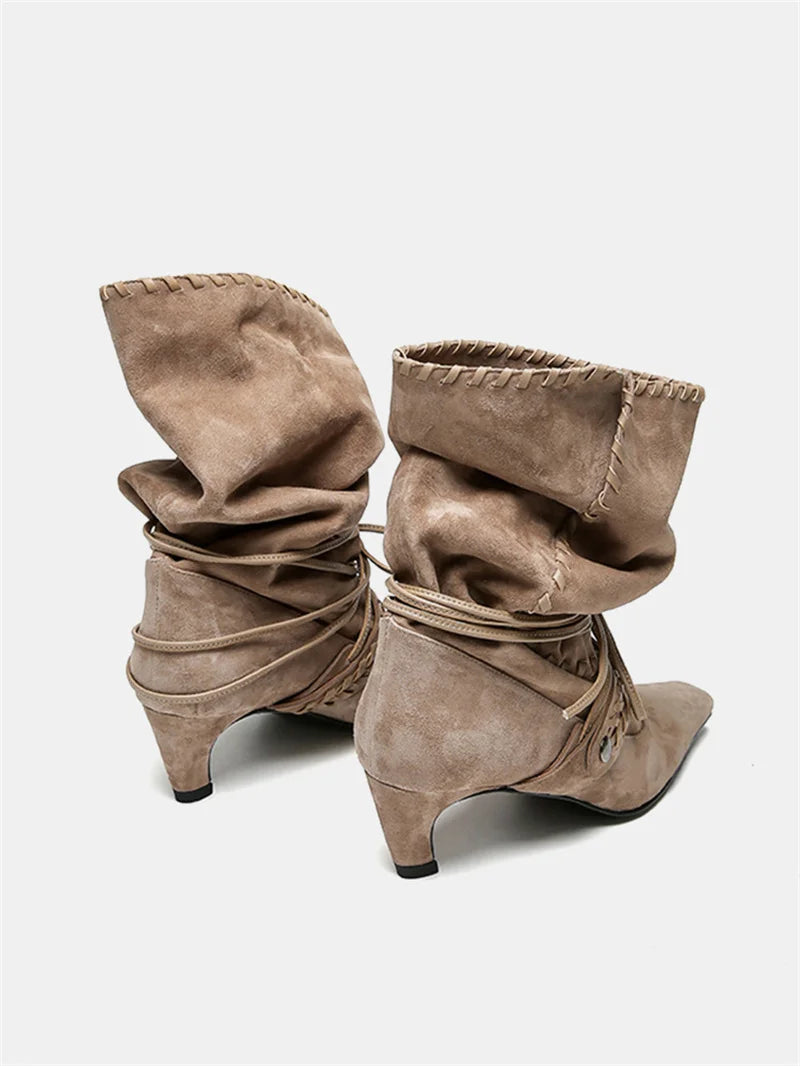 Liyke Autumn Winter Brown Suede Weave Lace-up Women Fold Pleated Ankle Boots Fashion Thin Low Heels Chelsea Western Ladies Shoes