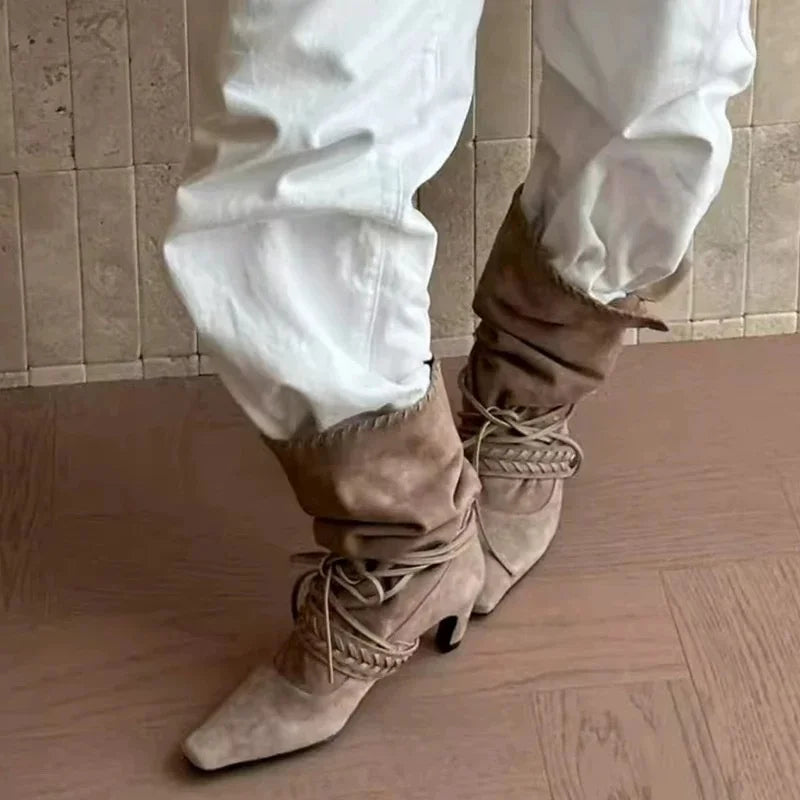 Liyke Autumn Winter Brown Suede Weave Lace-up Women Fold Pleated Ankle Boots Fashion Thin Low Heels Chelsea Western Ladies Shoes