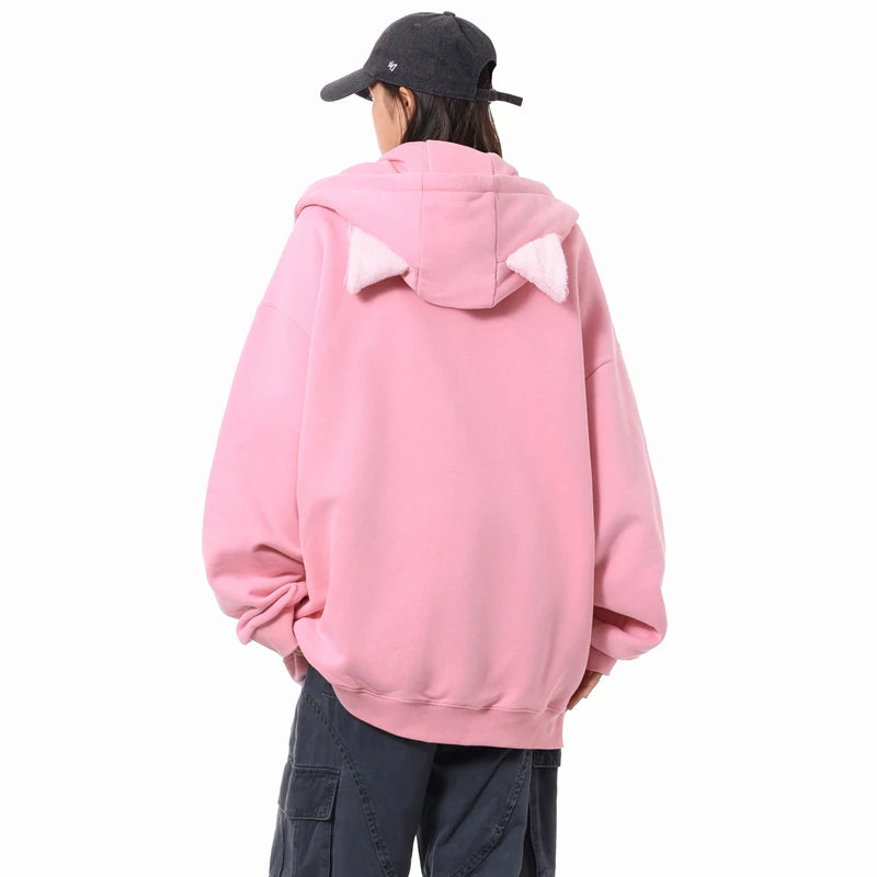 Fall Women's Fashion Zipper Cat Ears Hoodie Jacket Y2k Solid Color Cardigan Long Sleeve Oversized Hoodies for Female Sweatshirt
