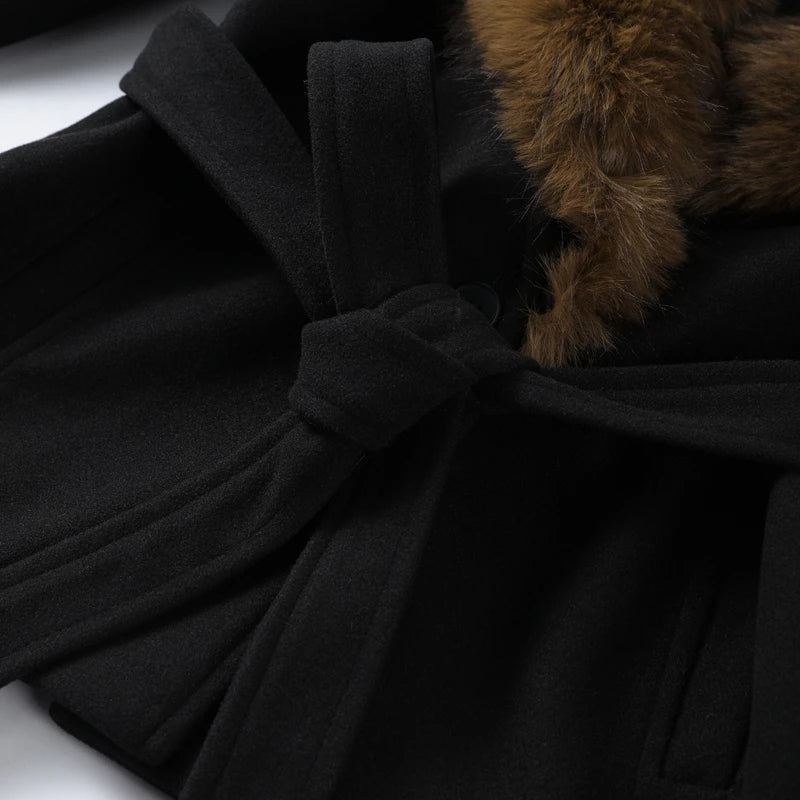 Elegant Shawl Faux Fur Women Coat Lace Up Full Sleeve Belted Waist Lapel Woolen Female Jacket 2025 Autumn Winter Lady Outwears