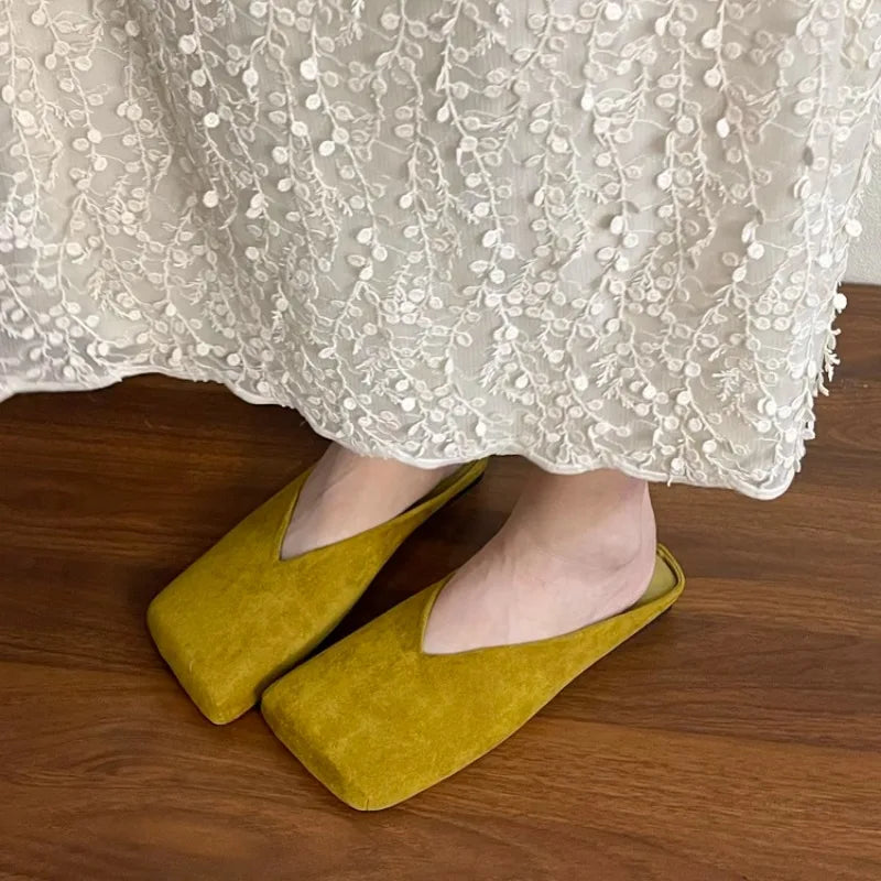 Suede Flats Women Cotton Slippers Square Toe Fashion Mules Shoes Casual Slingback Women's Winter Boots Trend Mujer Zapatos