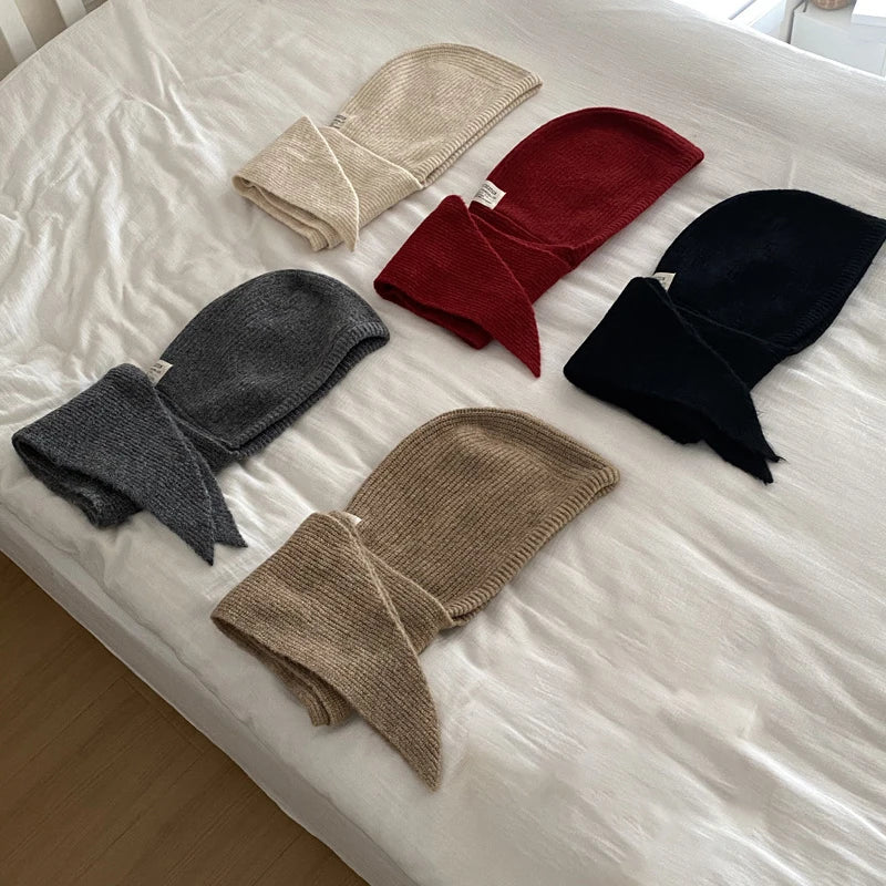 Winter Y2K Wool Knitted Balaclava Hat Fashion Fake Collar Shawl Hooded Hat Outdoor Pullover One-piece Neck Collar Warm Beanies