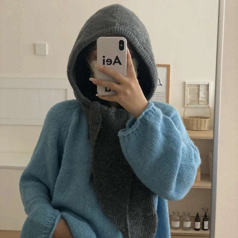 Winter Y2K Wool Knitted Balaclava Hat Fashion Fake Collar Shawl Hooded Hat Outdoor Pullover One-piece Neck Collar Warm Beanies