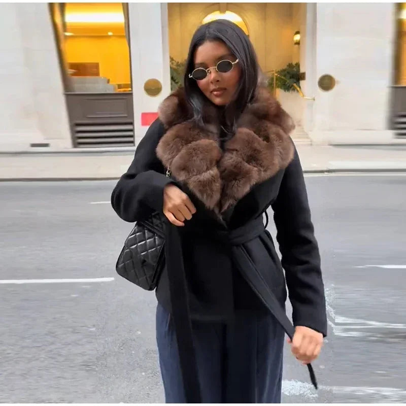 Elegant Shawl Faux Fur Women Coat Lace Up Full Sleeve Belted Waist Lapel Woolen Female Jacket 2025 Autumn Winter Lady Outwears