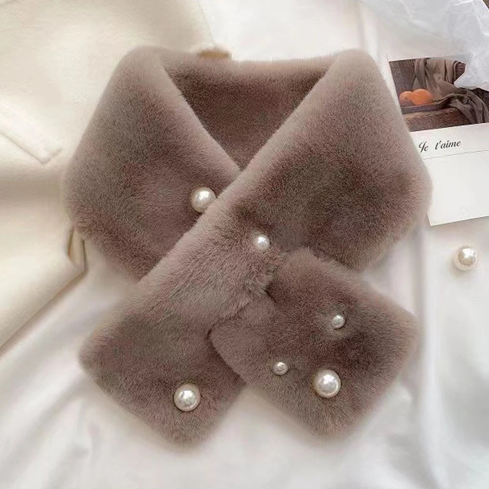 Women Winter Warm Thicken Cross Collar Scarf Solid Color Faux Rabbit Fur Cold Proof Scarves Fashion Soft Furry Neck Warmer