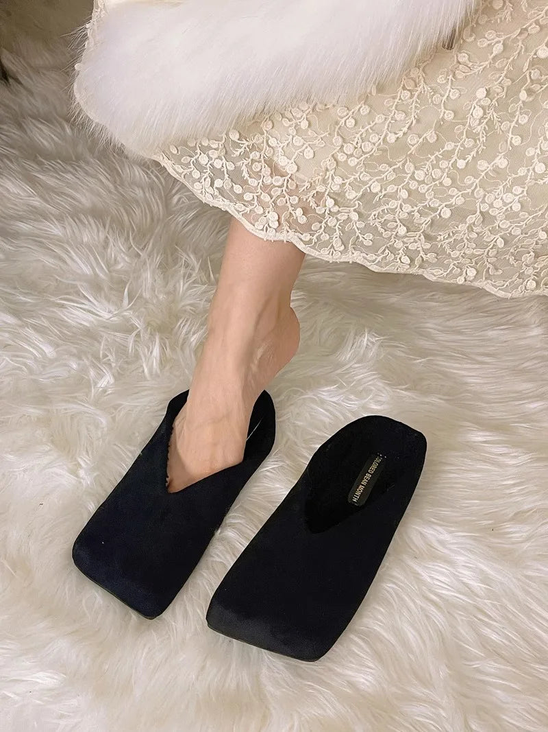 Suede Flats Women Cotton Slippers Square Toe Fashion Mules Shoes Casual Slingback Women's Winter Boots Trend Mujer Zapatos